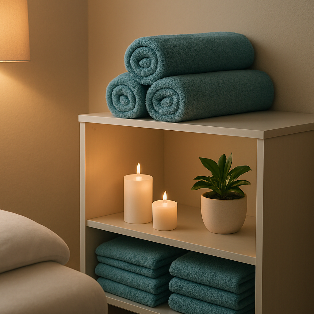 Neatly arranged teal blue towels and calm details in a VEJ Healthcare Services treatment room